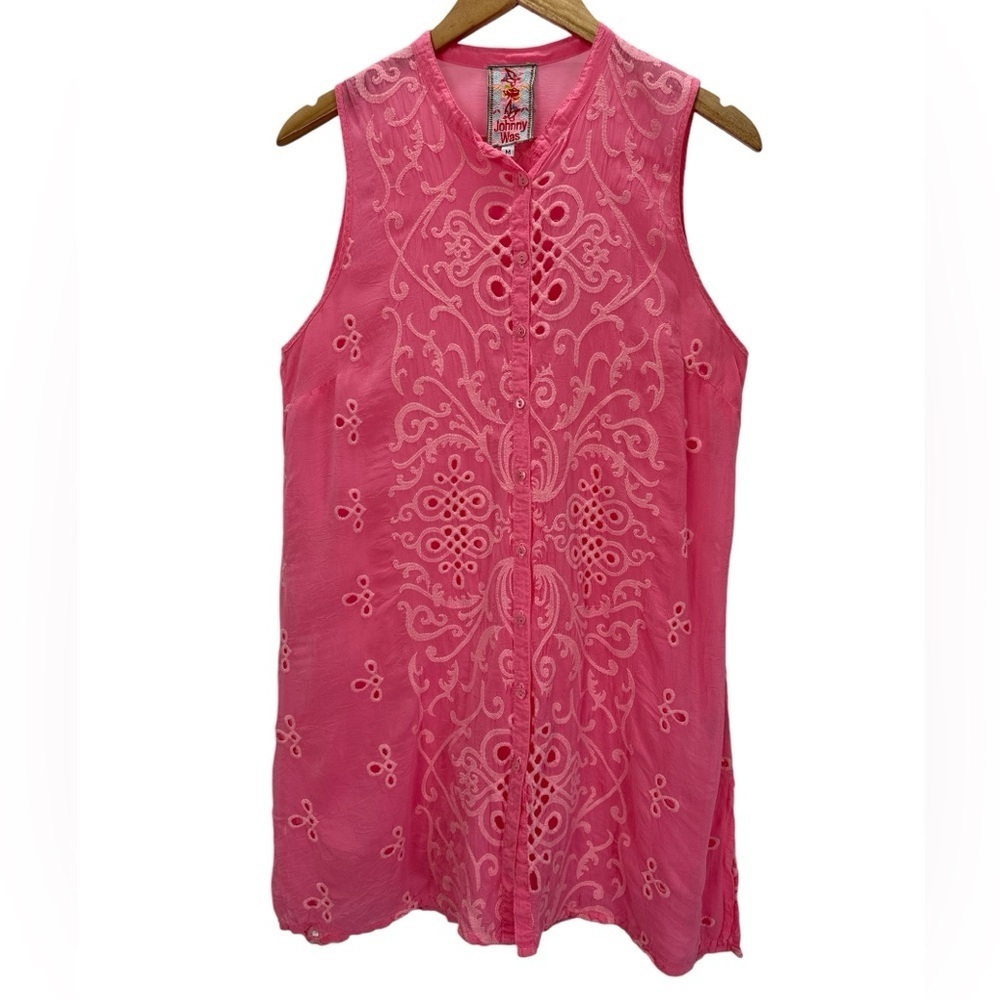 Johnny Was‎ Wirey Vine Georgette Sleeveless Eyelet Tunic Bubblegum Pink